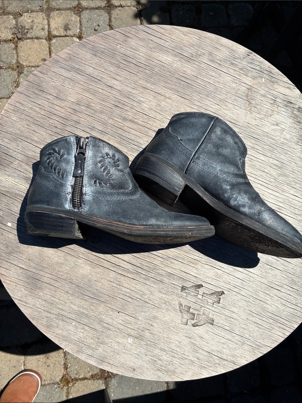 Black Leather Western Zip Ankle Boots
